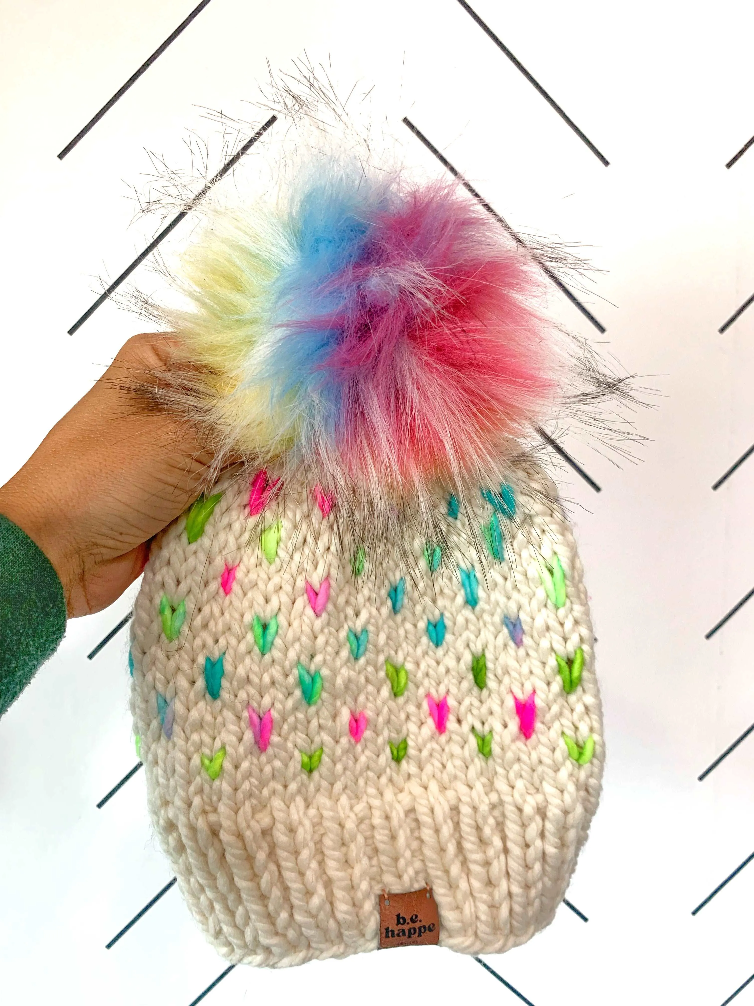 0-3 month Baby Hearts Knit Pom Hat | Off White Rainbow