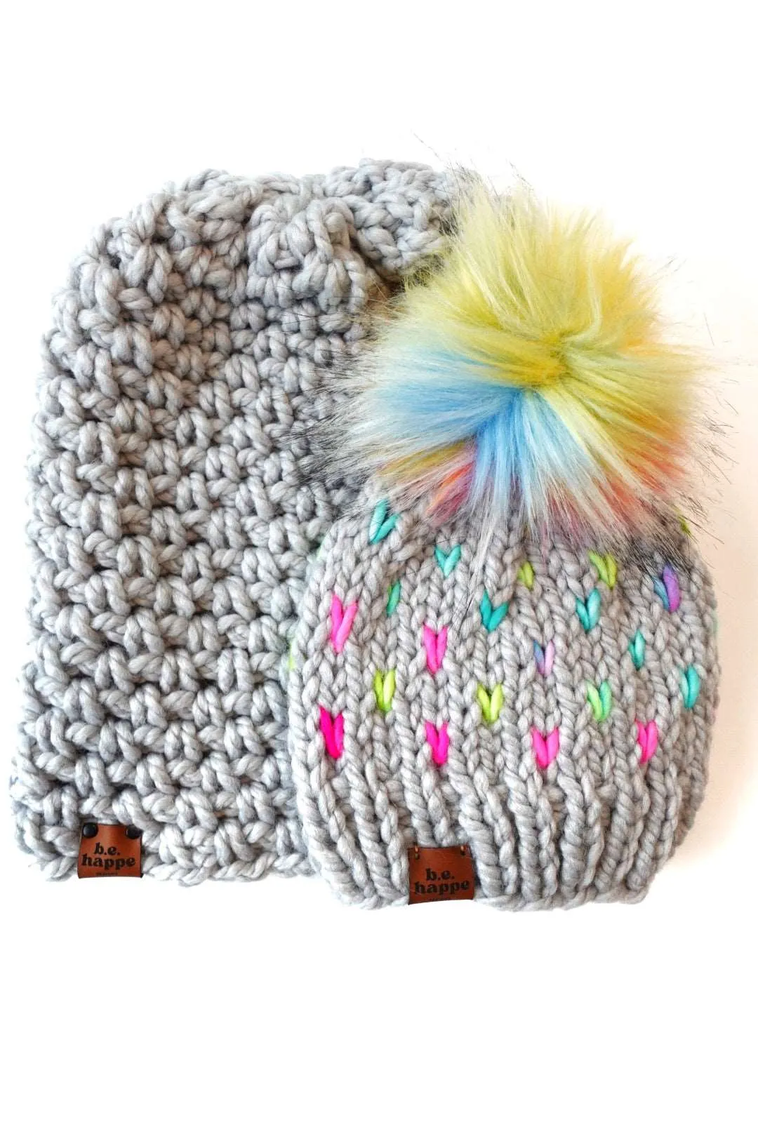 0-3 month Knit Heart Pom Hat | Thaw Gray Rainbow