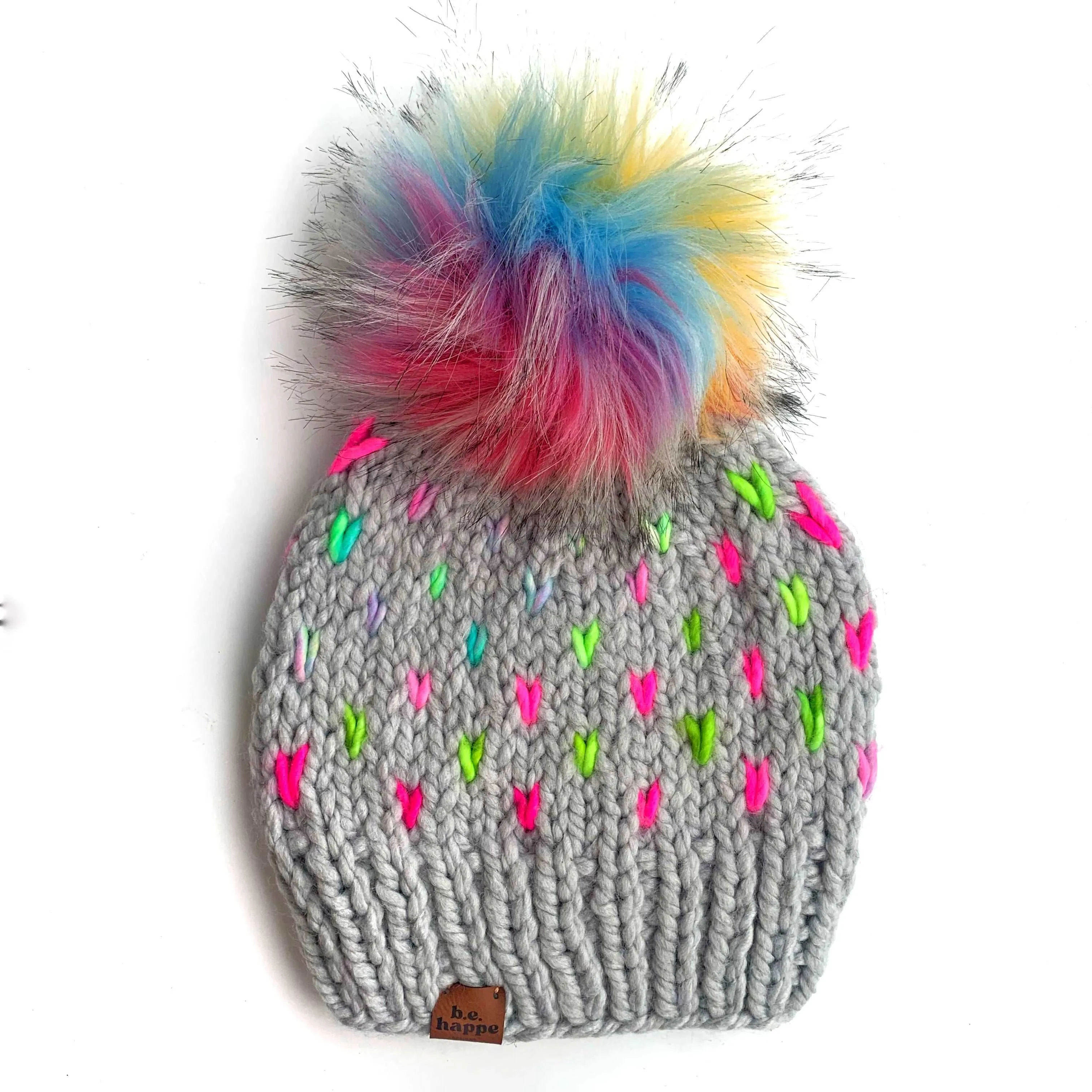 0-3 month Knit Heart Pom Hat | Thaw Gray Rainbow