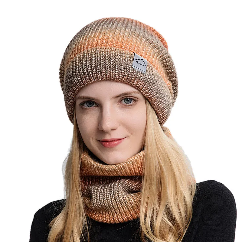 2 Pieces Ladies Autumn Winter Gradient Color Knitted Hat Scarf Set