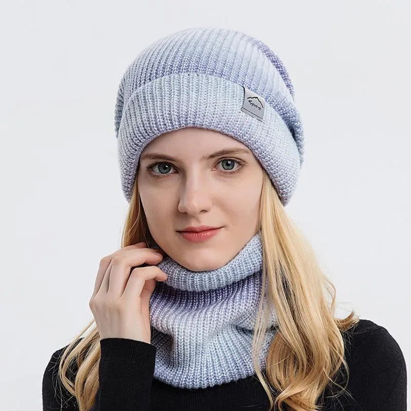 2 Pieces Ladies Autumn Winter Gradient Color Knitted Hat Scarf Set