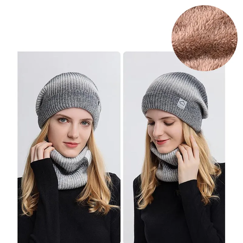 2 Pieces Ladies Autumn Winter Gradient Color Knitted Hat Scarf Set