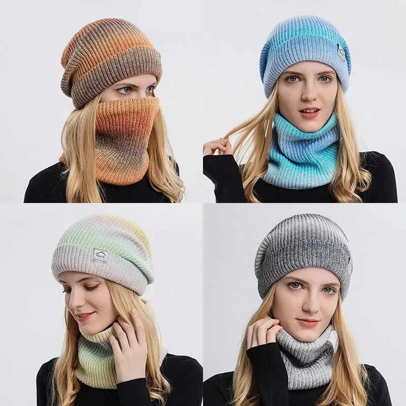 2 Pieces Ladies Autumn Winter Gradient Color Knitted Hat Scarf Set