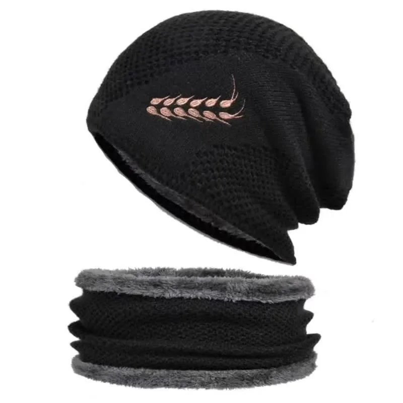 2Pcs Embroidered Wheat Beanie Hat Neck Warmer Set