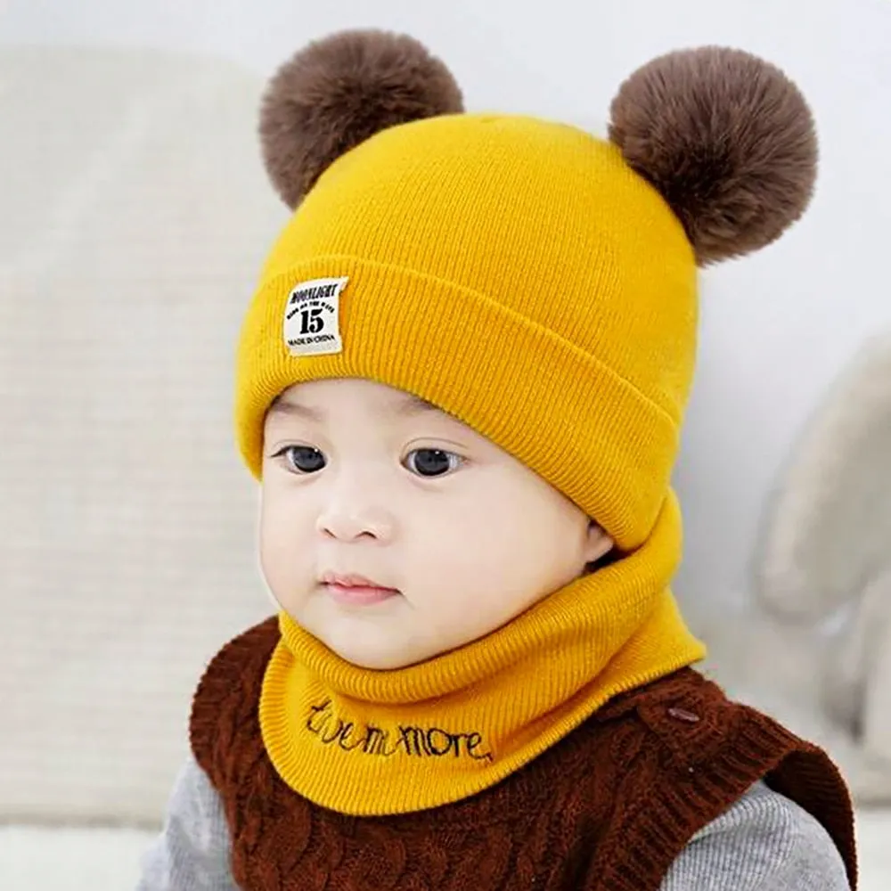 2Pcs Knitted Soft Toddler Warm Pompom Beanie