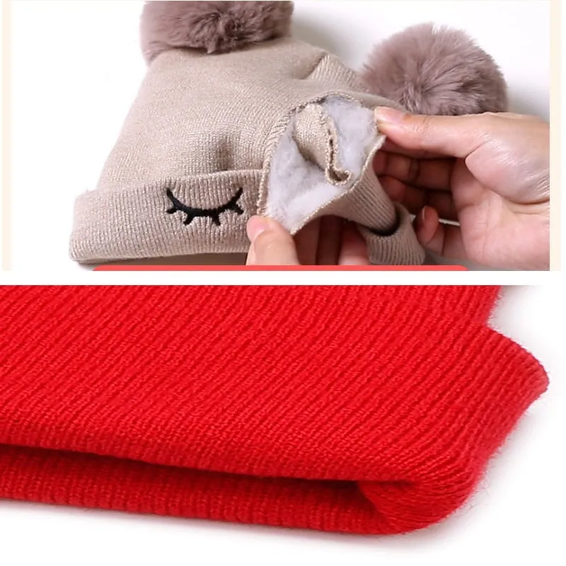 2Pcs Knitted Soft Toddler Warm Pompom Beanie