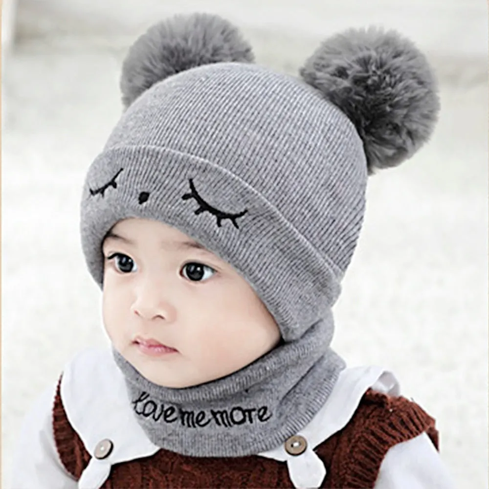 2Pcs Knitted Soft Toddler Warm Pompom Beanie