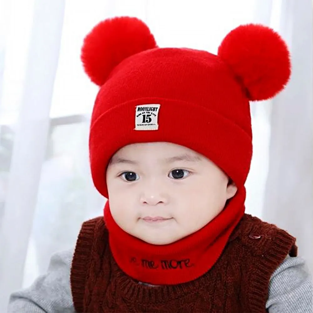 2Pcs Knitted Soft Toddler Warm Pompom Beanie