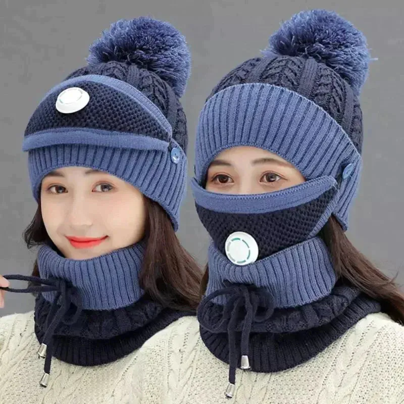 3PCS Womens Winter Warm Scarf Knitted Hat Mask