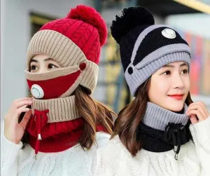 3PCS Womens Winter Warm Scarf Knitted Hat Mask