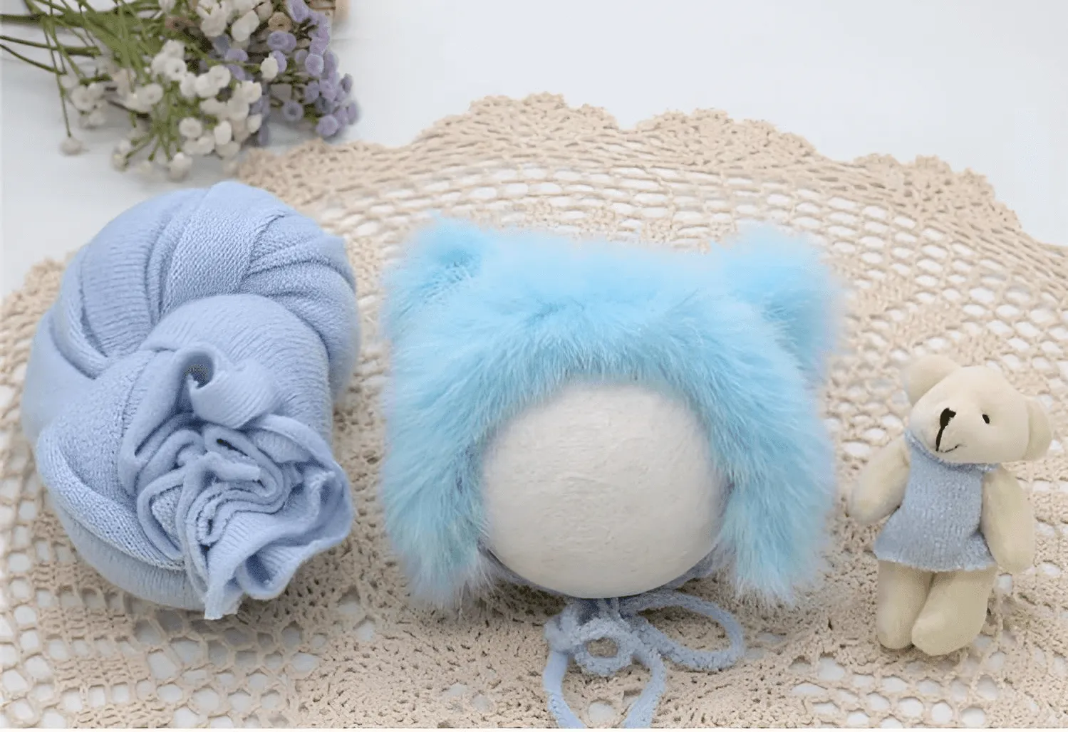 3pcs/Set Newborn Photography Wraps    Faux Fur Hat   Bear Doll