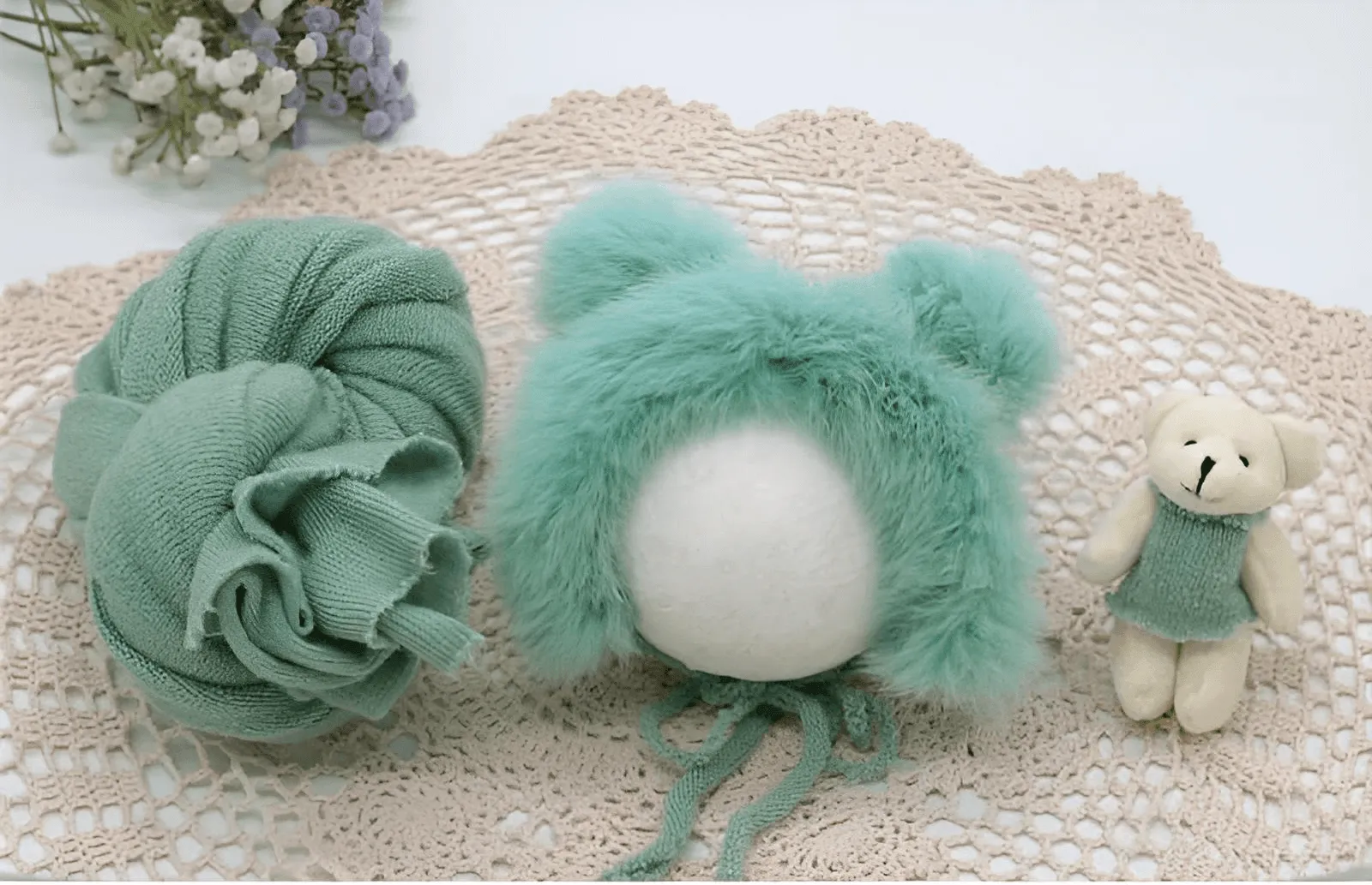 3pcs/Set Newborn Photography Wraps    Faux Fur Hat   Bear Doll