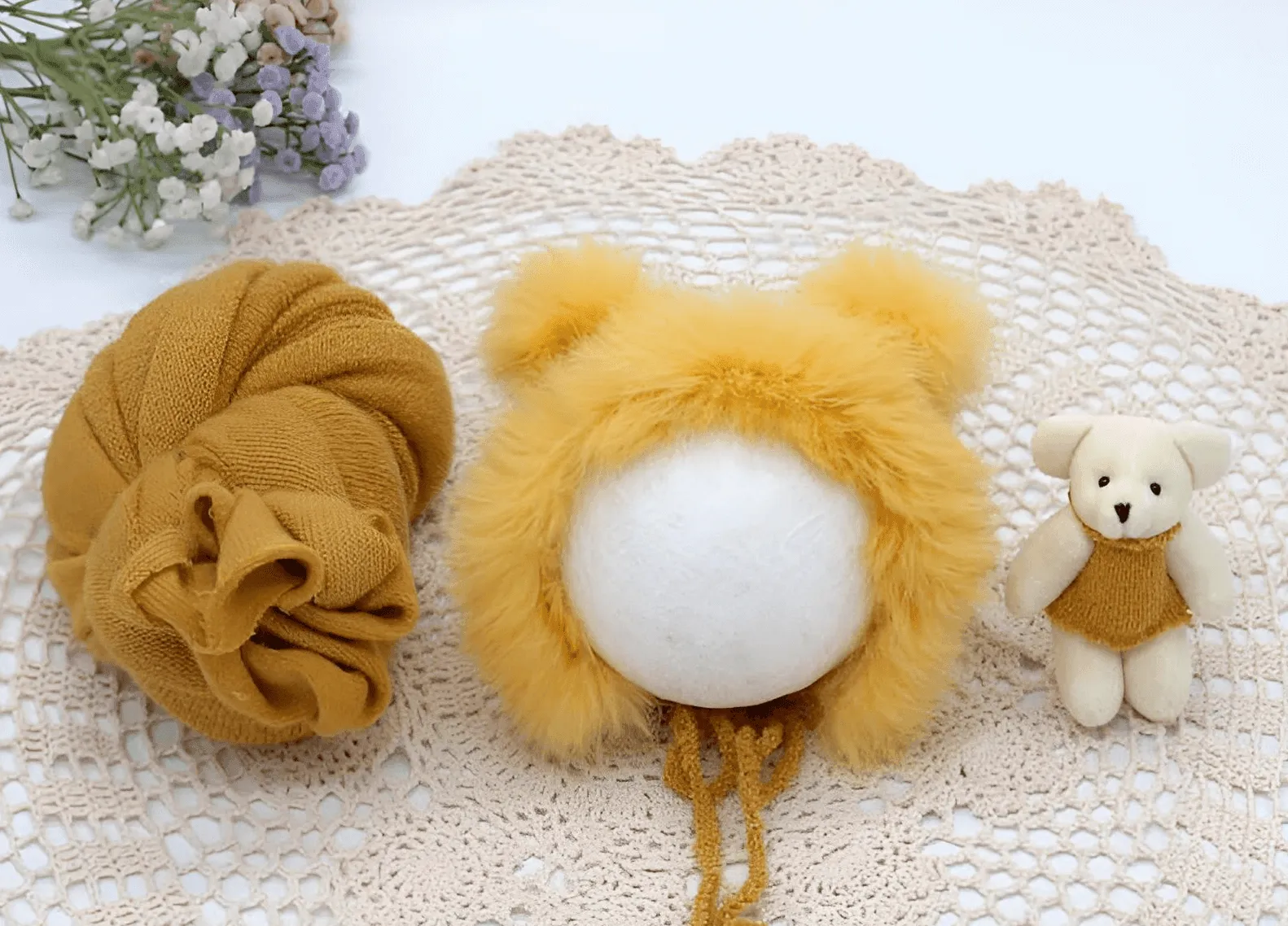 3pcs/Set Newborn Photography Wraps    Faux Fur Hat   Bear Doll