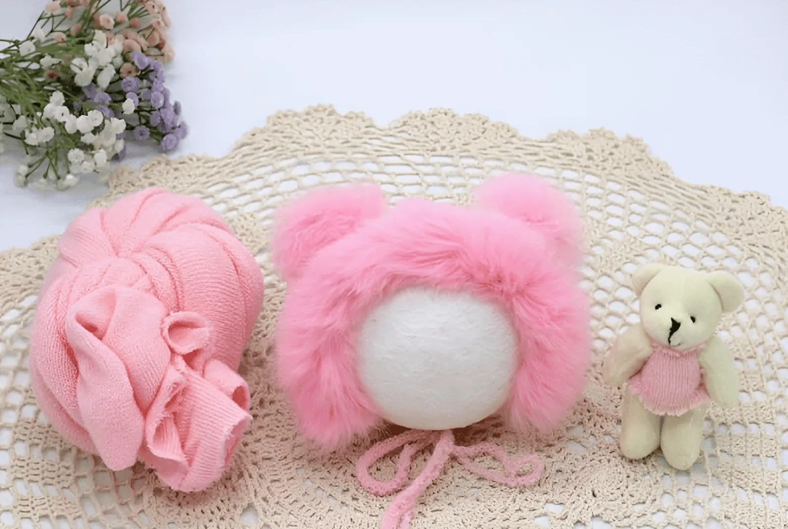 3pcs/Set Newborn Photography Wraps    Faux Fur Hat   Bear Doll