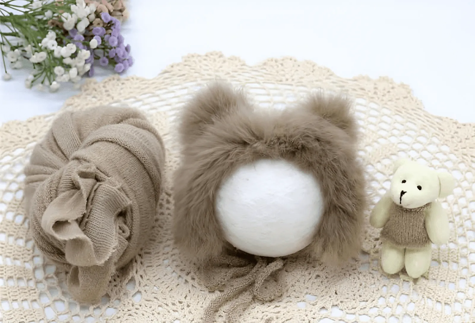 3pcs/Set Newborn Photography Wraps    Faux Fur Hat   Bear Doll