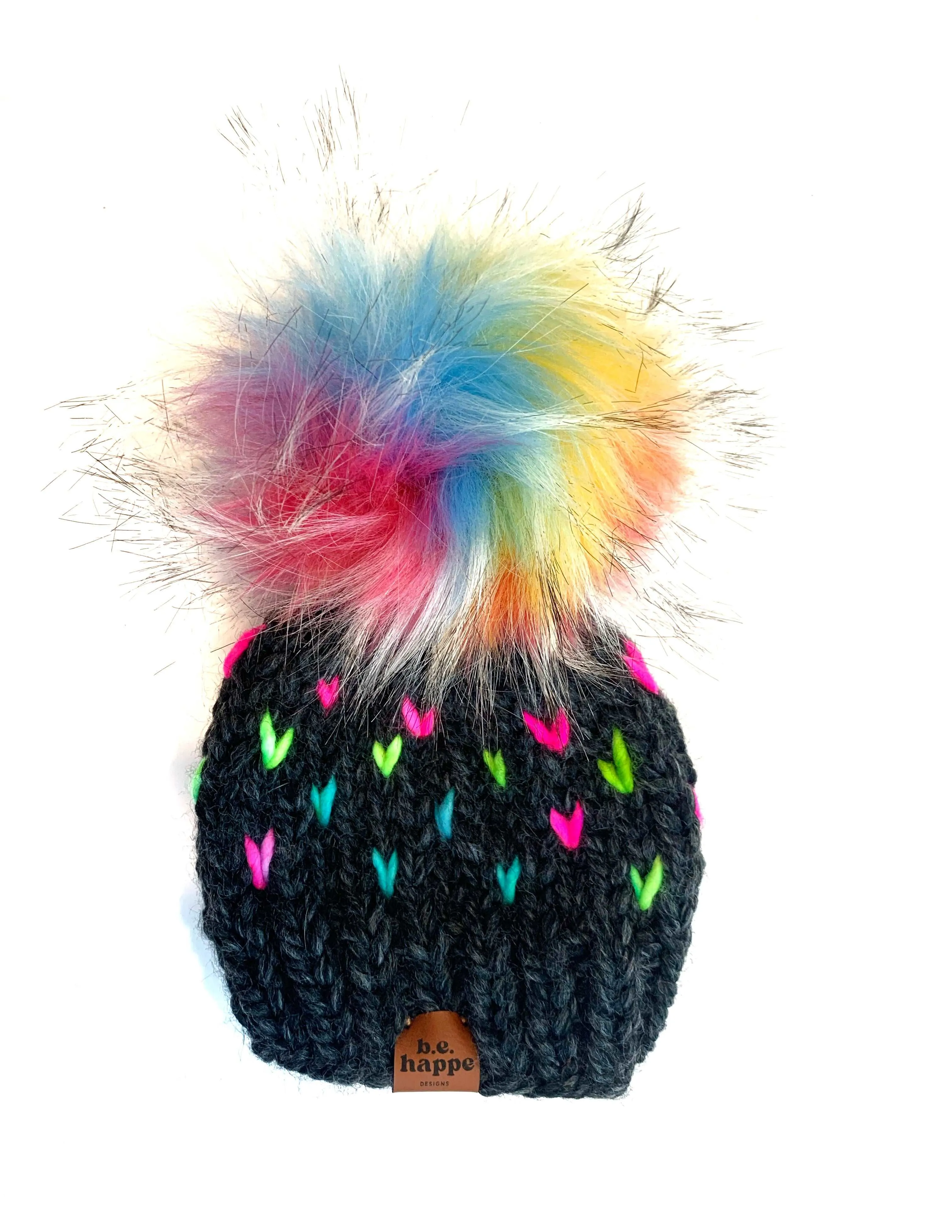 6-12 month Knit Hearts Pom Hat | Gray Rainbow