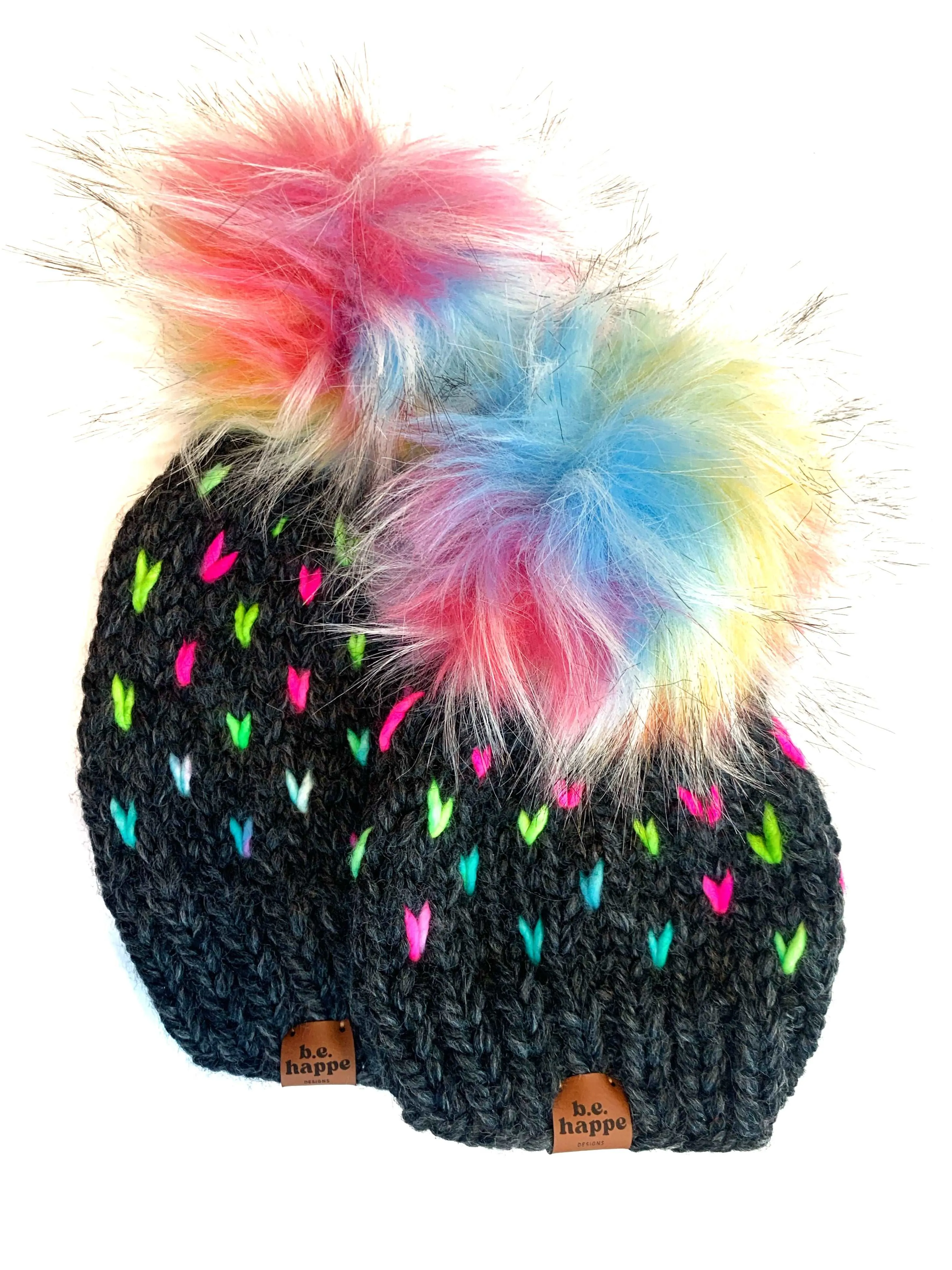 6-12 month Knit Hearts Pom Hat | Gray Rainbow