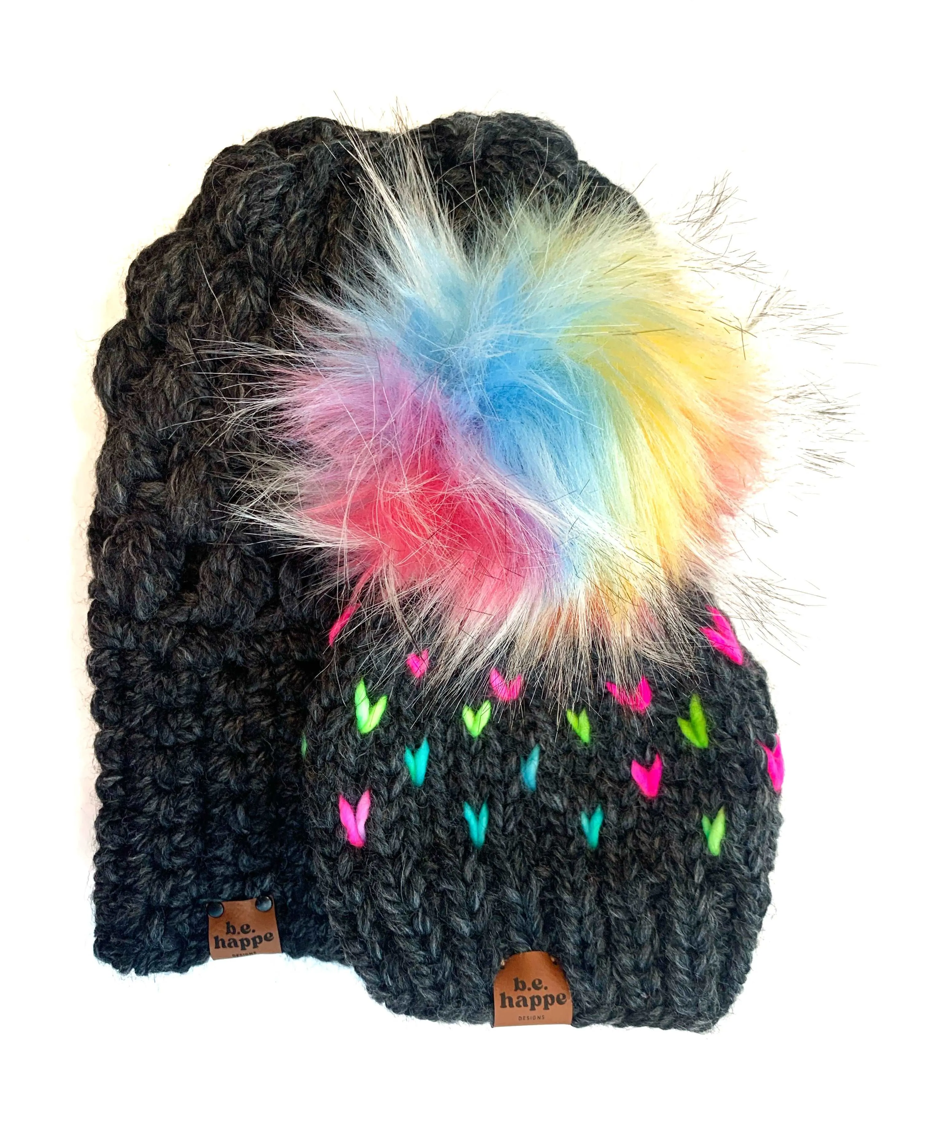 Adult Knit Hearts Pom Hat | Gray Rainbow