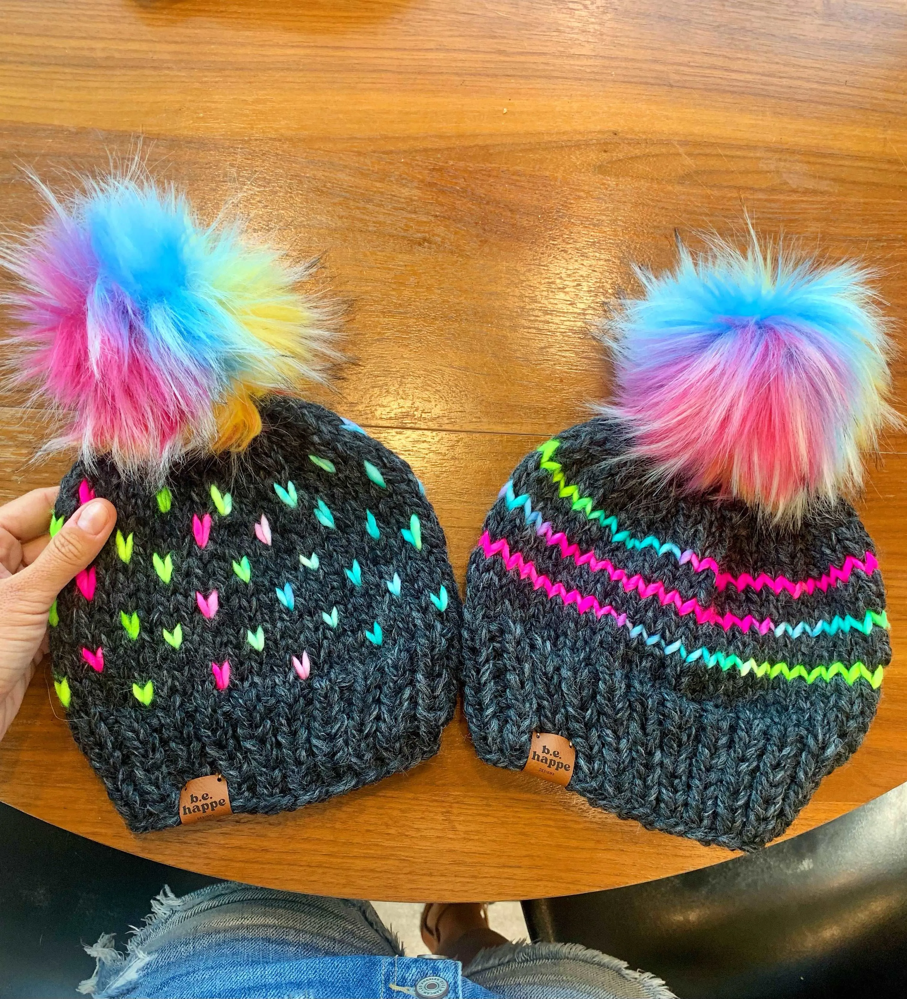 Adult Knit Hearts Pom Hat | Gray Rainbow