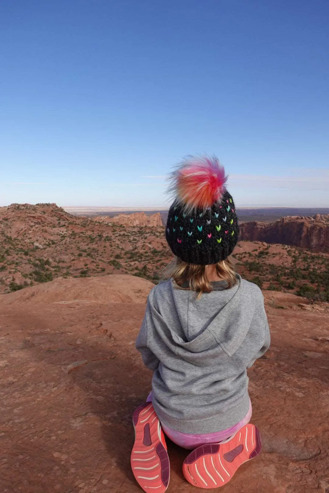 Adult Knit Hearts Pom Hat | Gray Rainbow