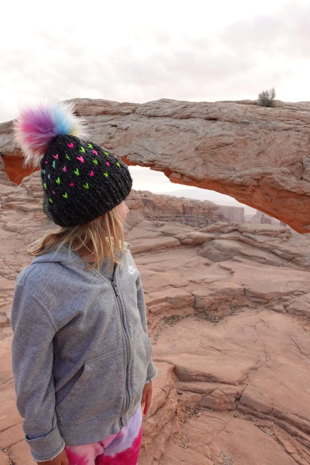 Adult Knit Hearts Pom Hat | Gray Rainbow