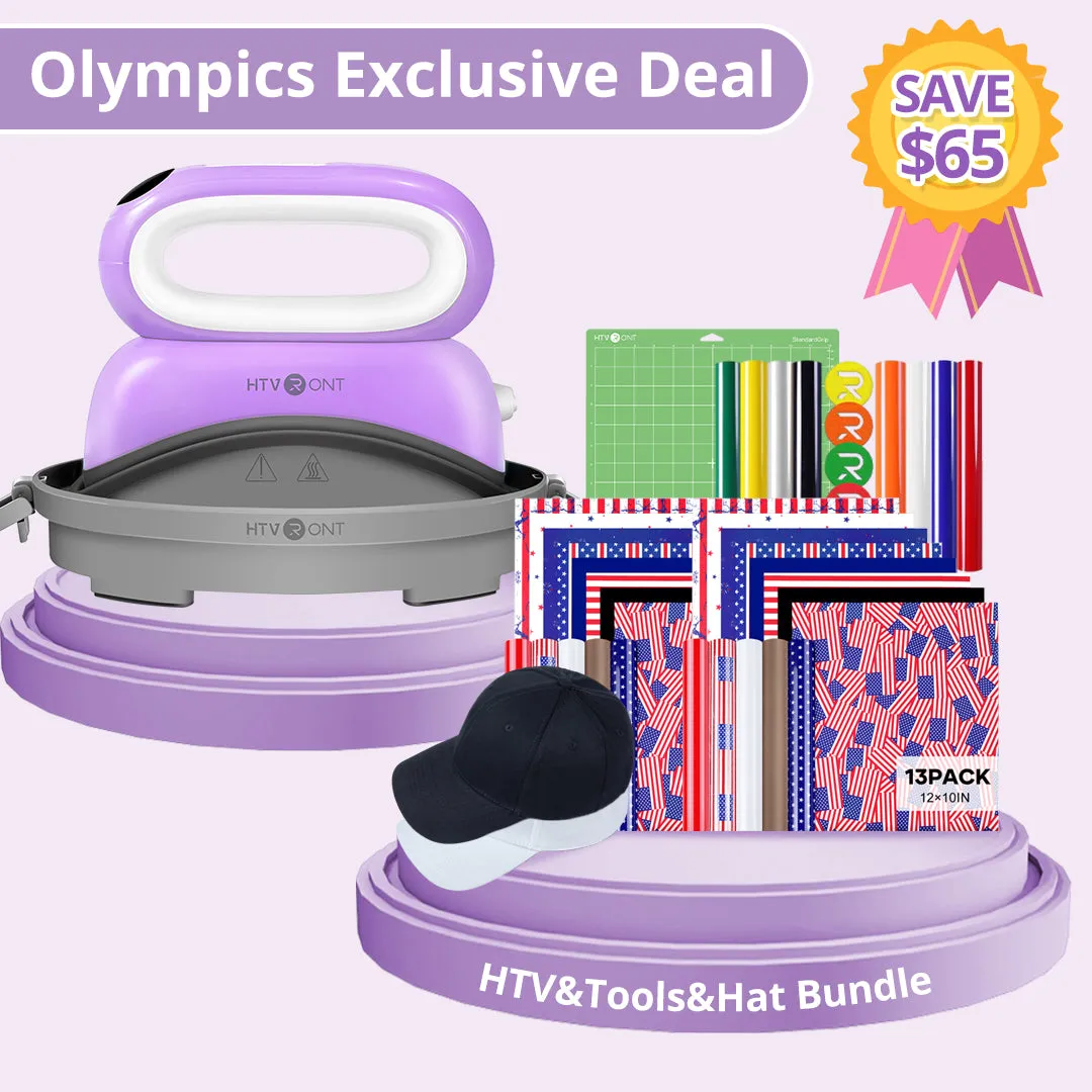 [American Flag]HTVRONT Hat Heat Press Machine HTV Bundle(American Flag HTV*24 PUFF HTV*9 PTFE Teflon Sheet*2 Baseball Cap Blank*2 Cutting Mat≥85＄)