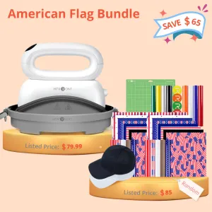 [American Flag]HTVRONT Hat Heat Press Machine HTV Bundle(American Flag HTV*24 PUFF HTV*9 PTFE Teflon Sheet*2 Baseball Cap Blank*2 Cutting Mat≥85＄)