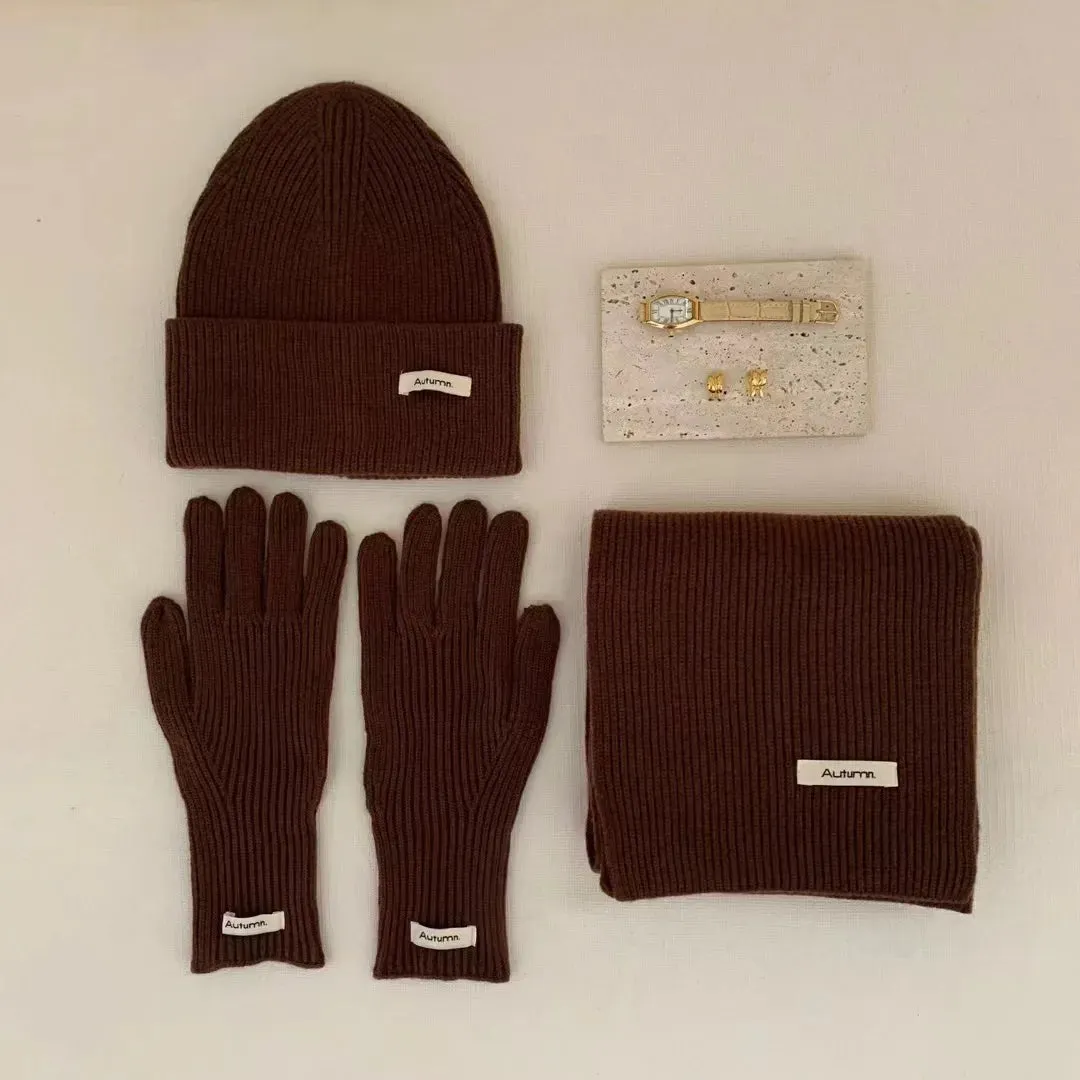 Amozae-Autumn Casual Outfits Amozae-Women's Solid Knitted Hat, Scarf, Glove Set, Warm, Autumn, Winter, 2024