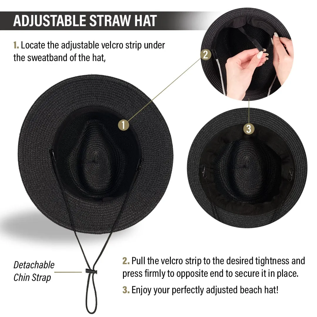 Beach Hats for Women - Panama Straw Sun Hat with Heart Shape Glasses - Summer Fedora Packable Travel Hat UV Protection UPF 50  (Black) - FUNCREDIBLE