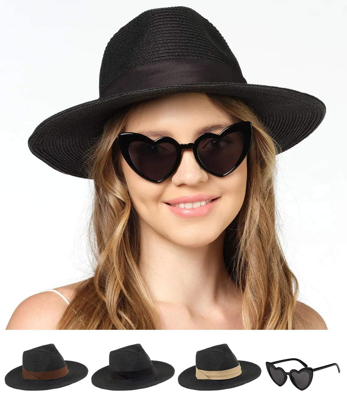 Beach Hats for Women - Panama Straw Sun Hat with Heart Shape Glasses - Summer Fedora Packable Travel Hat UV Protection UPF 50  (Black) - FUNCREDIBLE