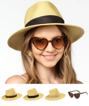 Beach Hats for Women - Panama Straw Sun Hat with Heart Shape Glasses - Summer Fedora Packable Travel Hat UV Protection UPF 50  (Sand) - FUNCREDIBLE