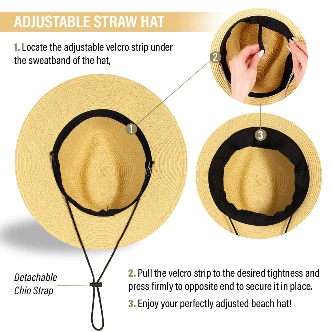 Beach Hats for Women - Panama Straw Sun Hat with Heart Shape Glasses - Summer Fedora Packable Travel Hat UV Protection UPF 50  (Sand) - FUNCREDIBLE