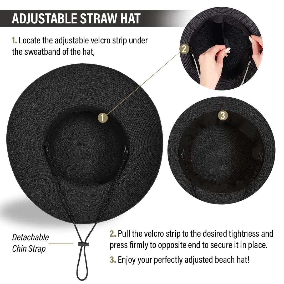 Beach Hats for Women - Panama Straw Sun Hat with Heart Shape Glasses - Summer Fedora Roll Up Packable Travel Hat UV Protection UPF 50  (Black) - FUNCREDIBLE