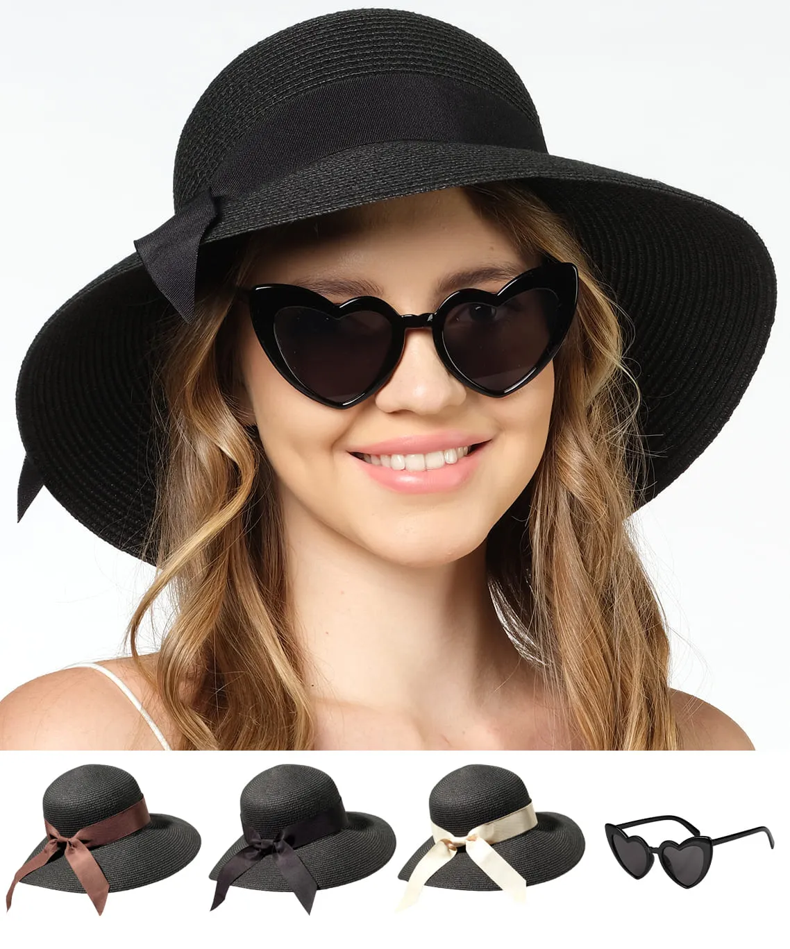 Beach Hats for Women - Panama Straw Sun Hat with Heart Shape Glasses - Summer Fedora Roll Up Packable Travel Hat UV Protection UPF 50  (Black) - FUNCREDIBLE