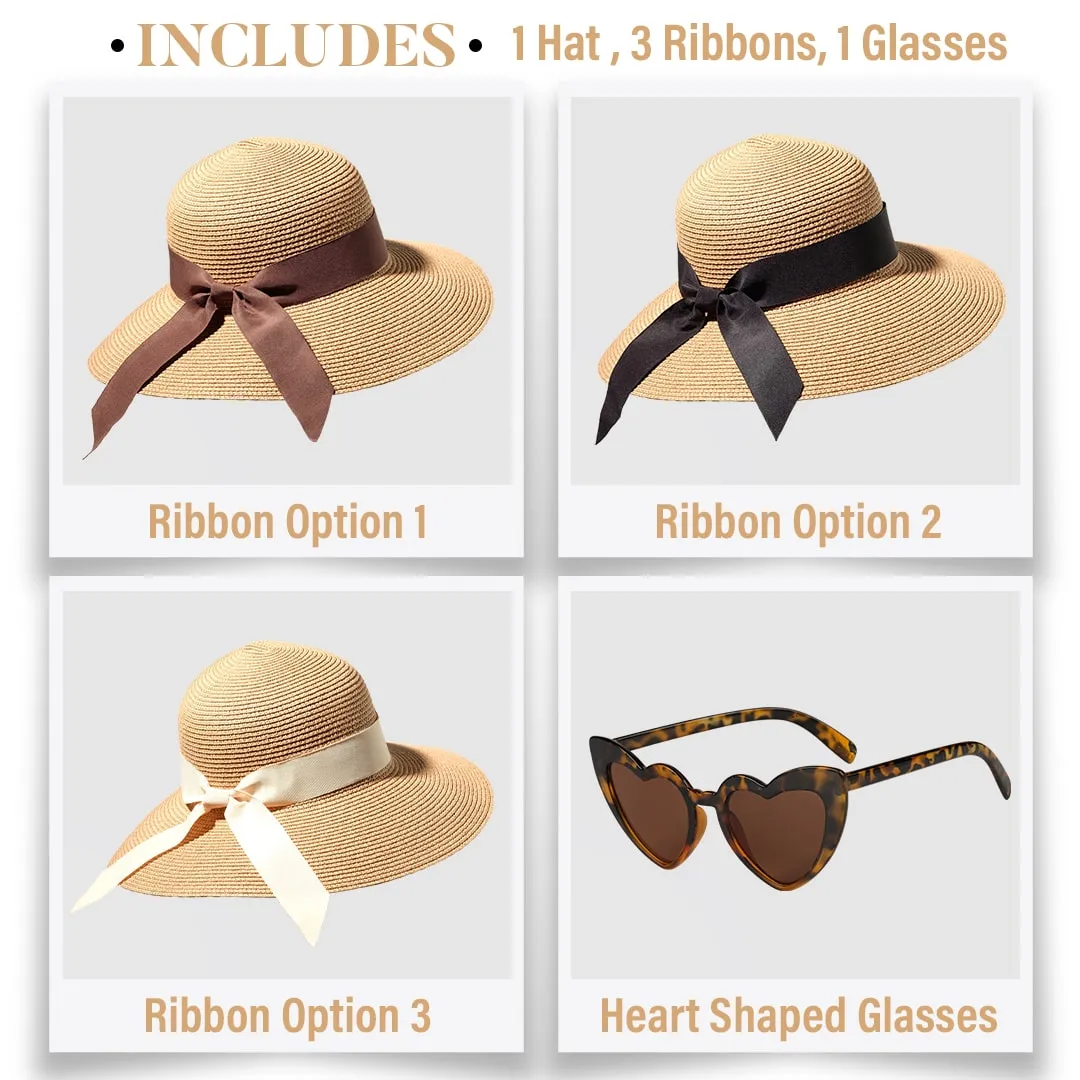 Beach Hats for Women - Panama Straw Sun Hat with Heart Shape Glasses - Summer Fedora Roll Up Packable Travel Hat UV Protection UPF 50  (Khaki) - FUNCREDIBLE