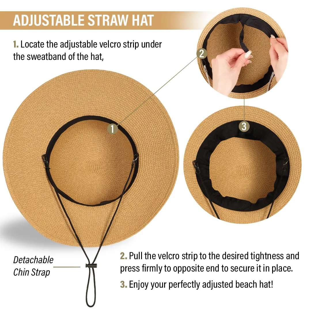 Beach Hats for Women - Panama Straw Sun Hat with Heart Shape Glasses - Summer Fedora Roll Up Packable Travel Hat UV Protection UPF 50  (Khaki) - FUNCREDIBLE