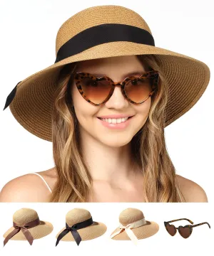 Beach Hats for Women - Panama Straw Sun Hat with Heart Shape Glasses - Summer Fedora Roll Up Packable Travel Hat UV Protection UPF 50  (Khaki) - FUNCREDIBLE