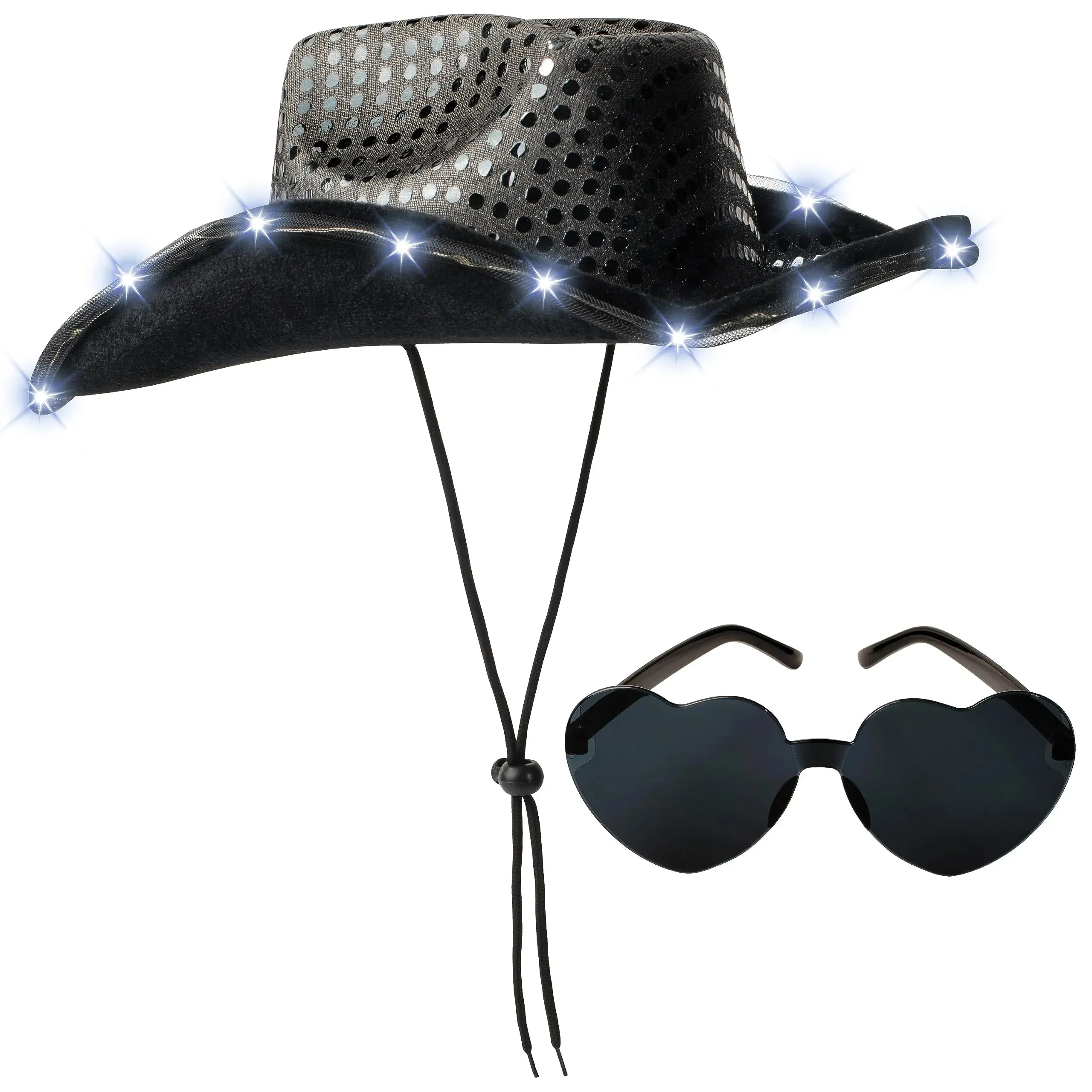 Black Sequin Light-Up Cowboy Hat with Glasses for Women Girls Halloween Costume Accessory Set