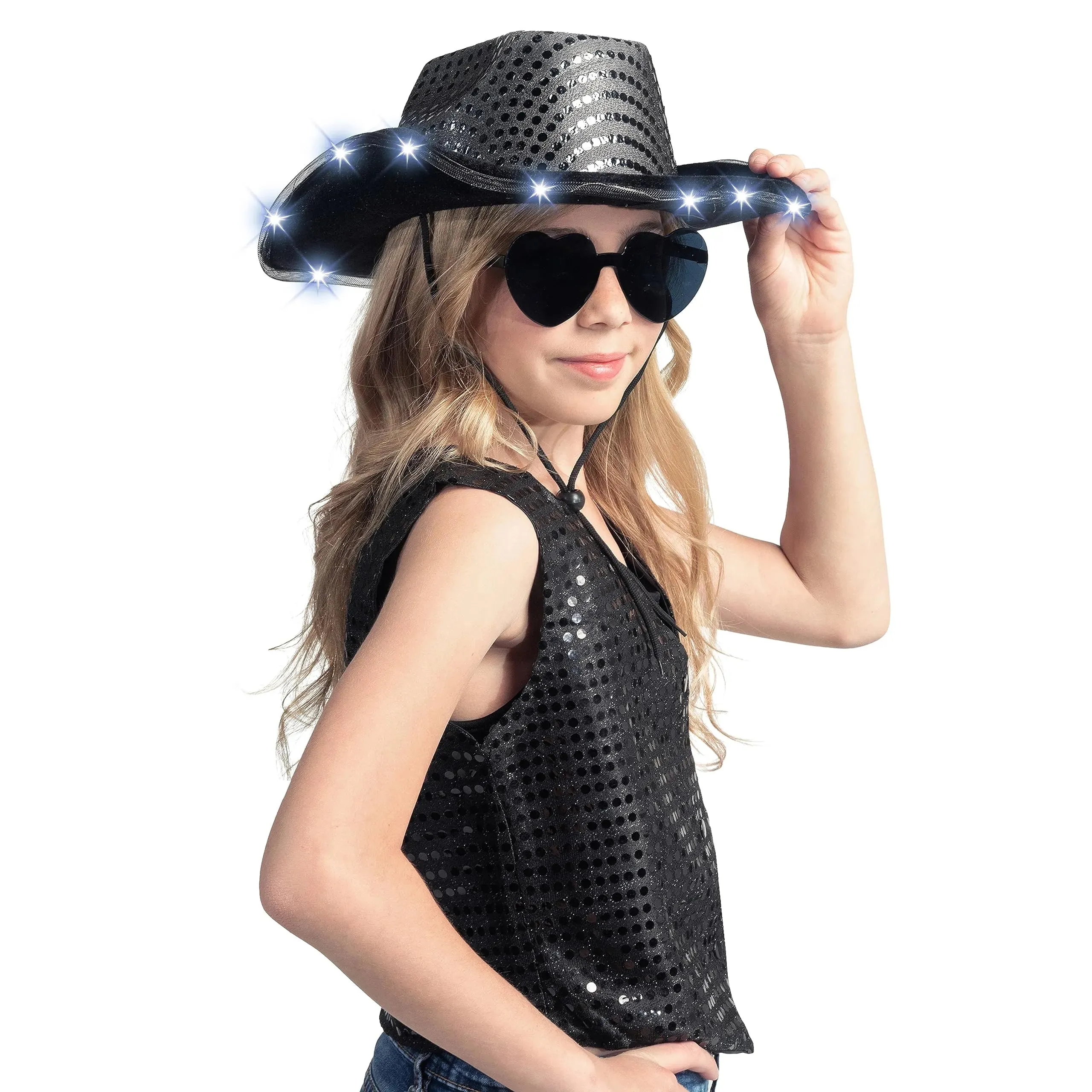 Black Sequin Light-Up Cowboy Hat with Glasses for Women Girls Halloween Costume Accessory Set