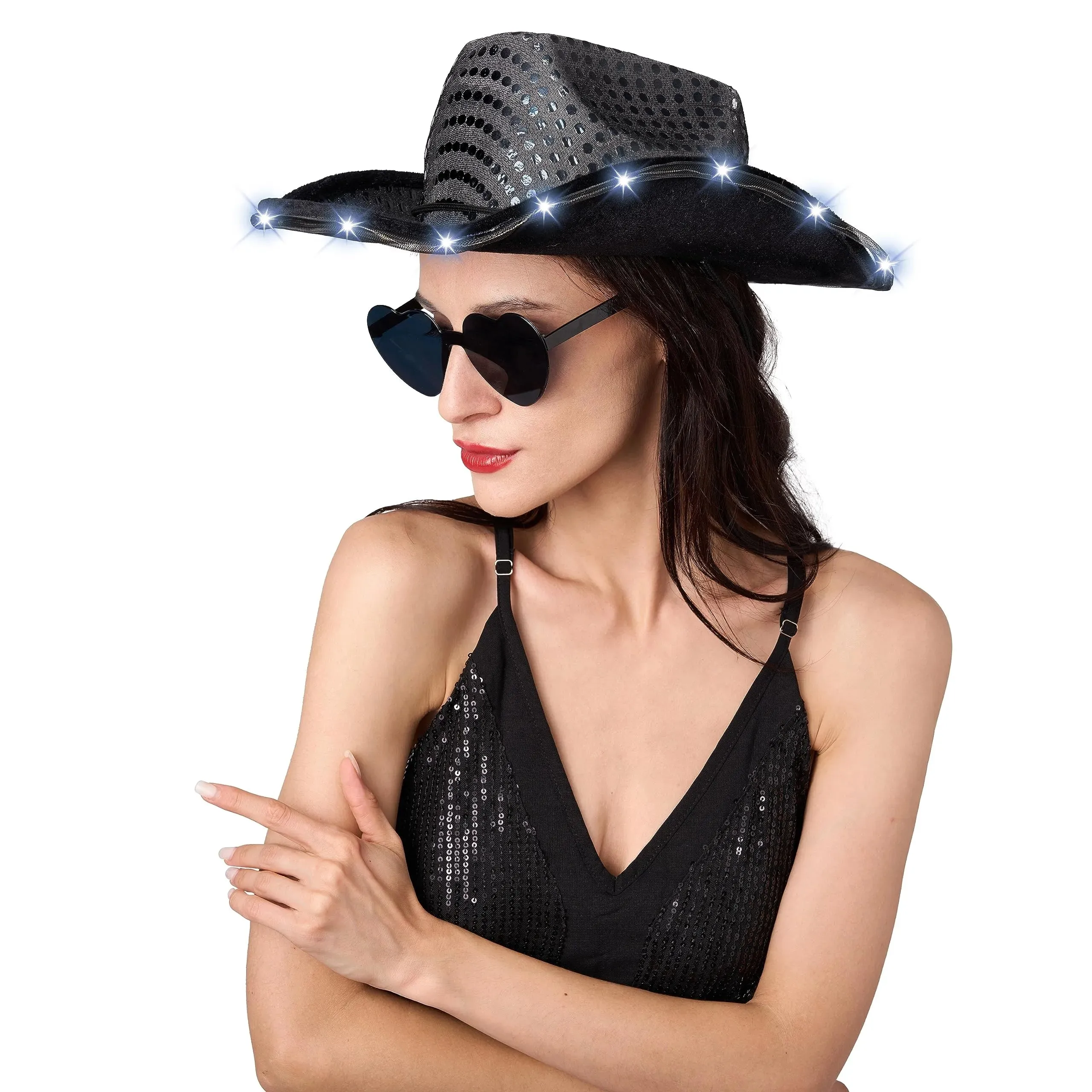 Black Sequin Light-Up Cowboy Hat with Glasses for Women Girls Halloween Costume Accessory Set