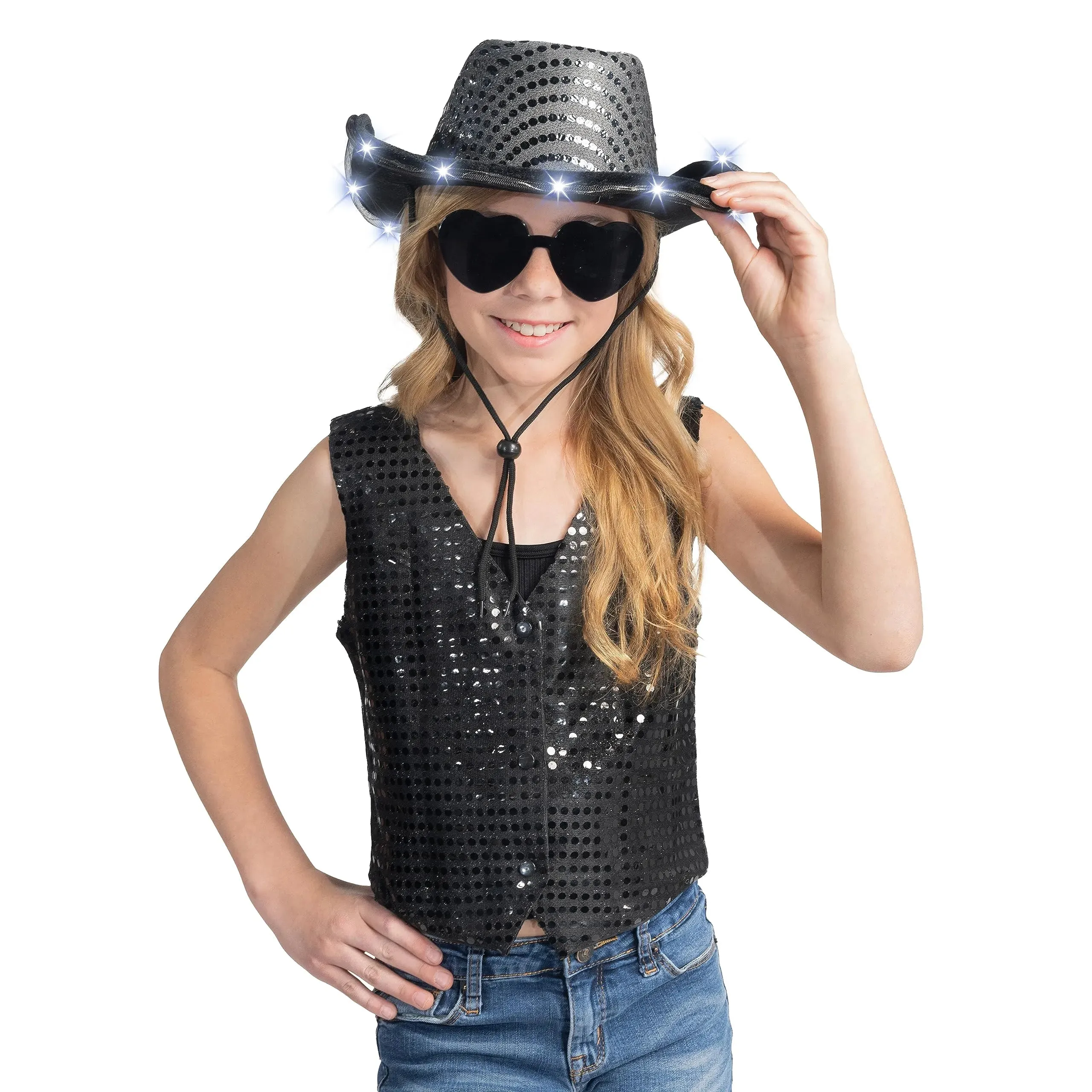 Black Sequin Light-Up Cowboy Hat with Glasses for Women Girls Halloween Costume Accessory Set