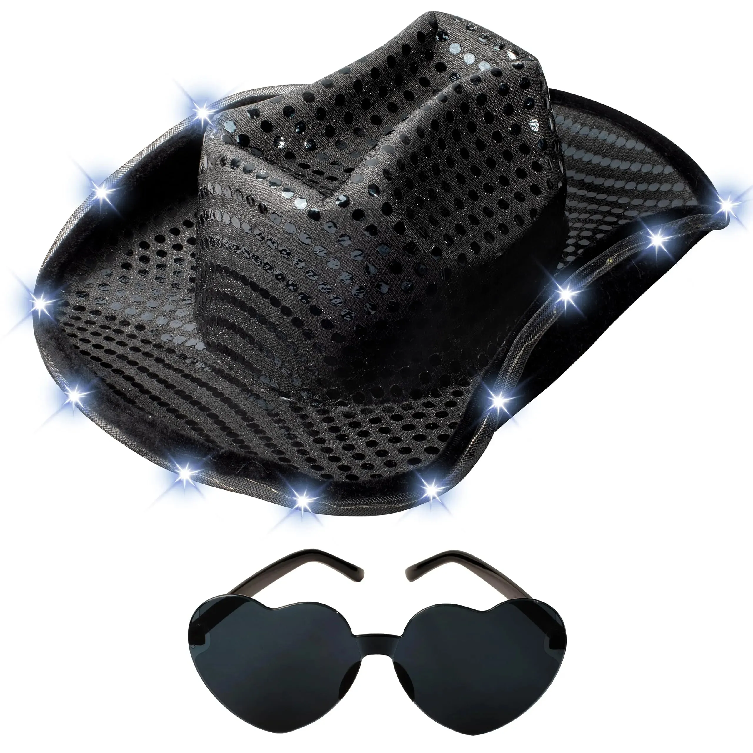 Black Sequin Light-Up Cowboy Hat with Glasses for Women Girls Halloween Costume Accessory Set