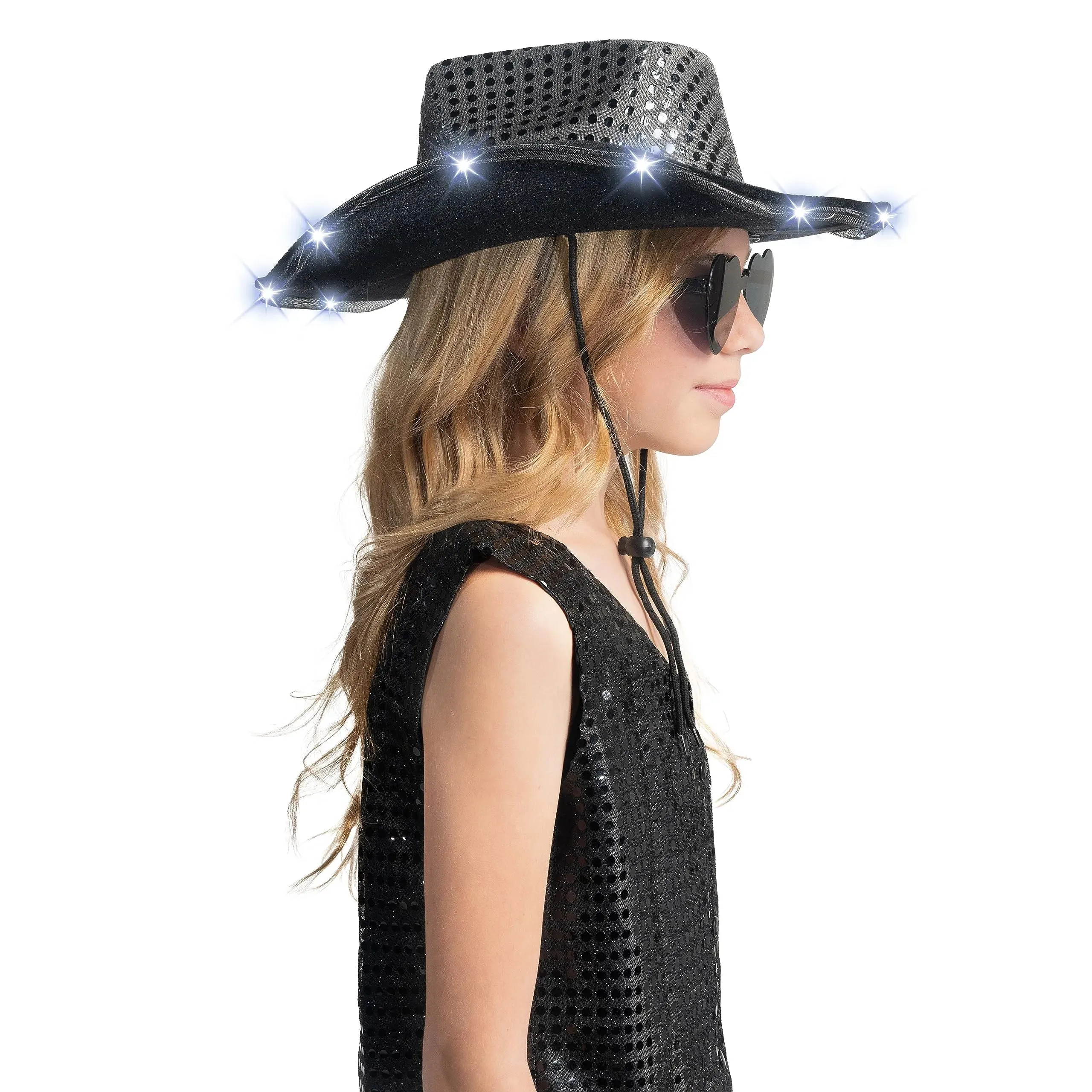 Black Sequin Light-Up Cowboy Hat with Glasses for Women Girls Halloween Costume Accessory Set