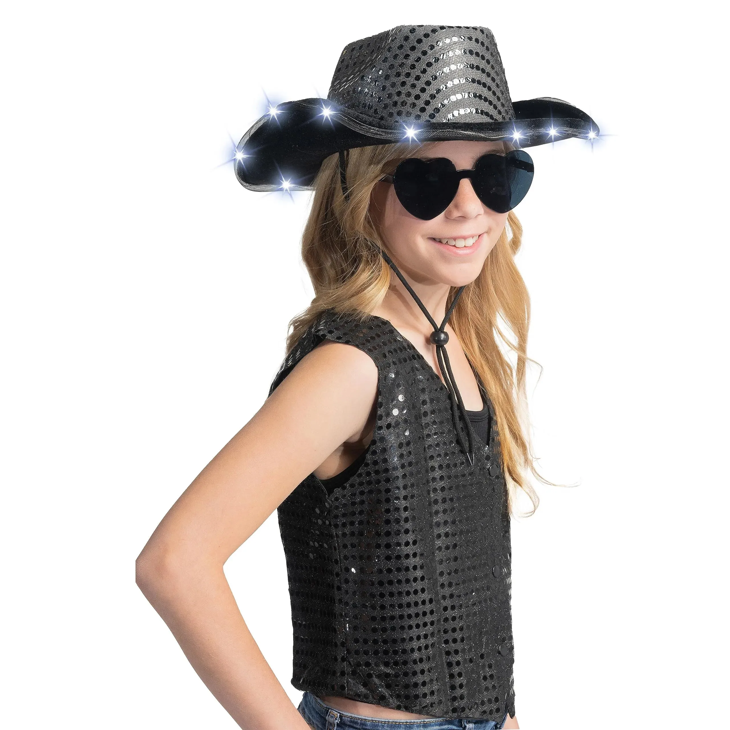 Black Sequin Light-Up Cowboy Hat with Glasses for Women Girls Halloween Costume Accessory Set