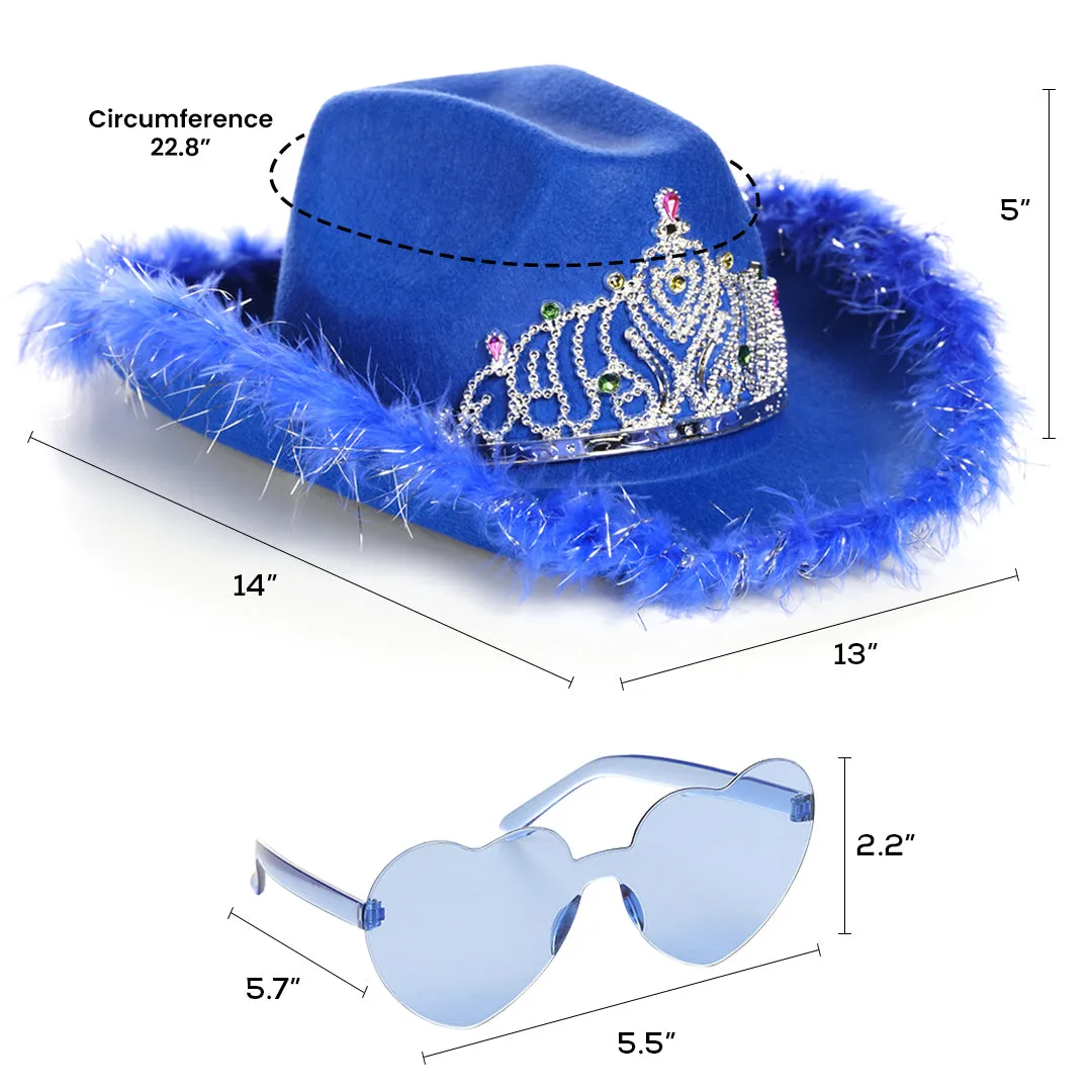 Blue Cowgirl Hat with Heart Glasses - Blue Cowboy Hat with Tiara Crown - FUNCREDIBLE