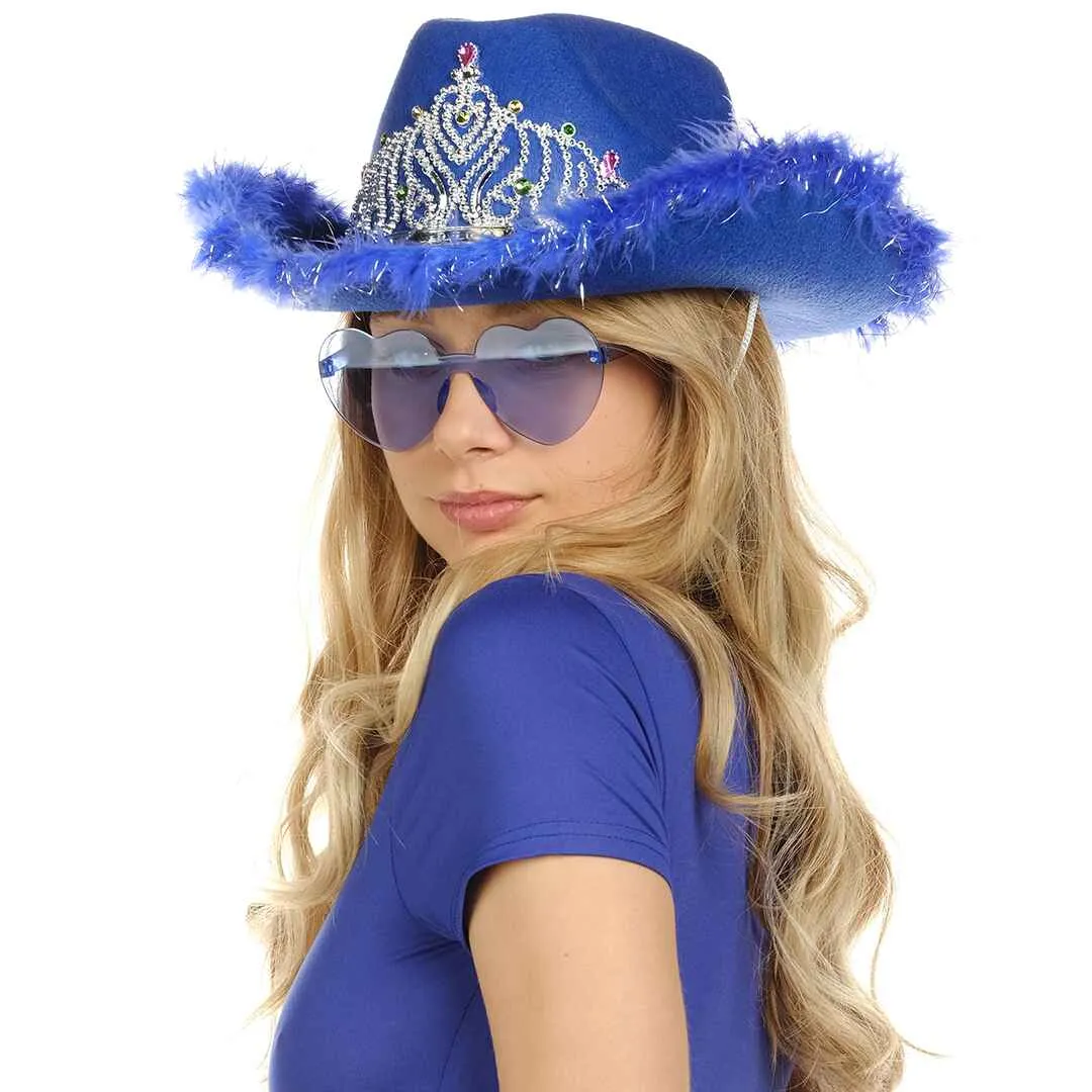 Blue Cowgirl Hat with Heart Glasses - Blue Cowboy Hat with Tiara Crown - FUNCREDIBLE