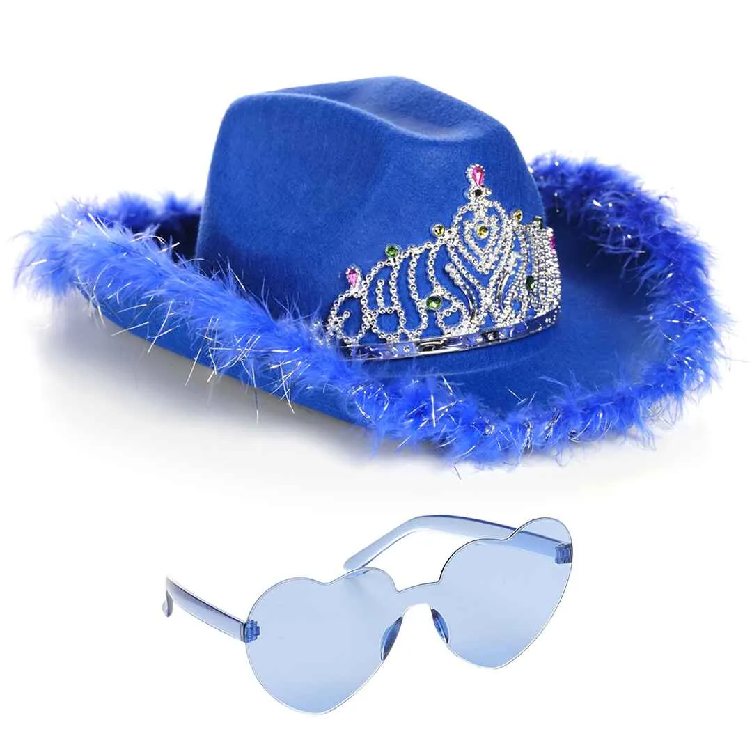 Blue Cowgirl Hat with Heart Glasses - Blue Cowboy Hat with Tiara Crown - FUNCREDIBLE