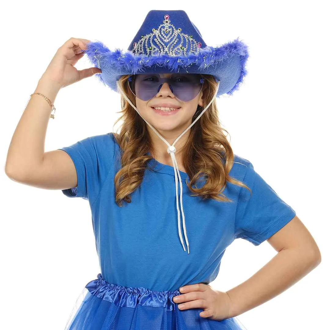 Blue Cowgirl Hat with Heart Glasses - Blue Cowboy Hat with Tiara Crown - FUNCREDIBLE