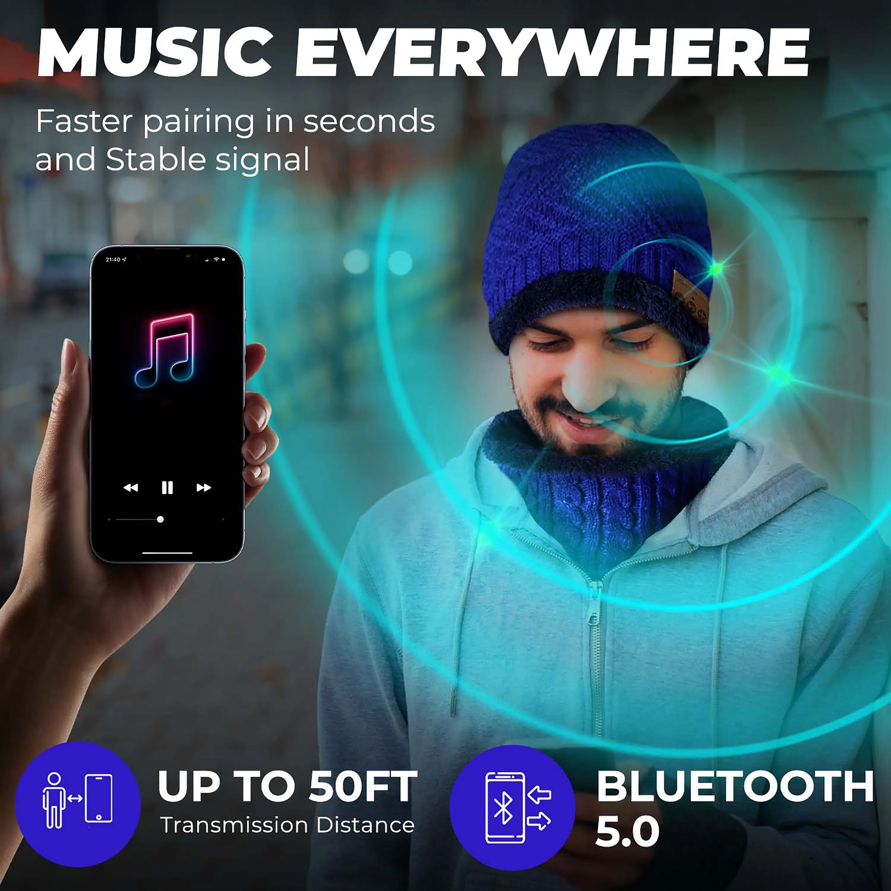 Bluetooth Beanie Wireless Hat with Scarf – Blue Headphone Beanie Hat with Upgraded Bluetooth 5.0 - Wireless Beanie Bluetooth Hat for Women - Warm Knit