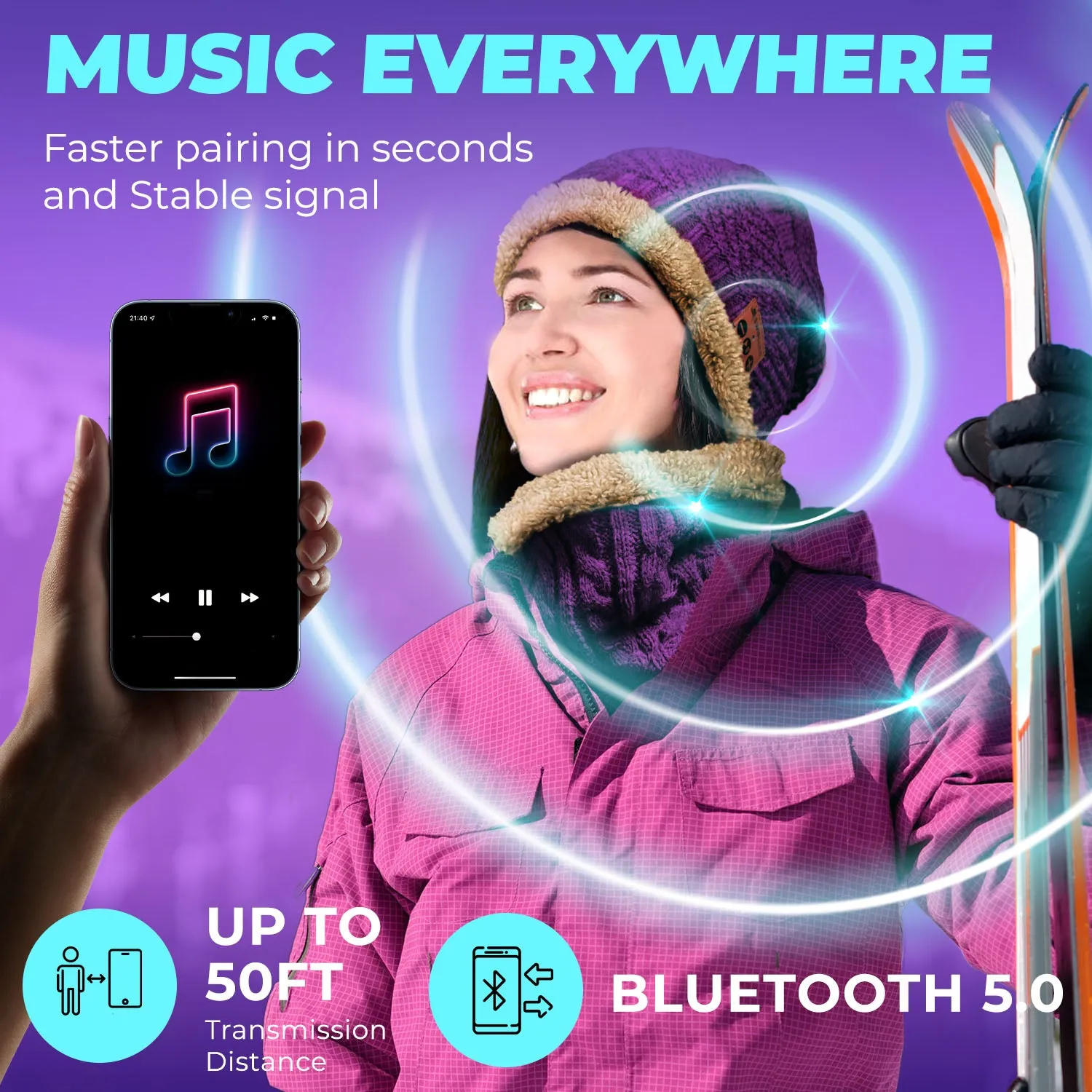 Bluetooth Beanie Wireless Hat with Scarf – Purple Headphone Beanie Hat with Upgraded Bluetooth 5.0 - Wireless Beanie Bluetooth Hat for Women - Warm Kn